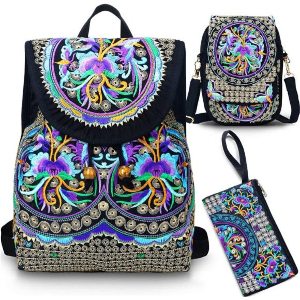 3 Pcs Women Vintage Embroidery Ethnic Handmade Backpack Flower Crossbody Bag